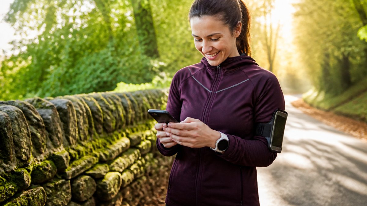 A beginner runner smiling whilst checking their phone to log a completed virtual run, wearing running gear outdoors with morning sunlight