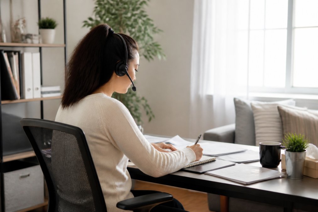 Office professional at desk managing multiple screens displaying dispatch software, scheduling calendar, and customer communication tools in modern workspace with natural lighting