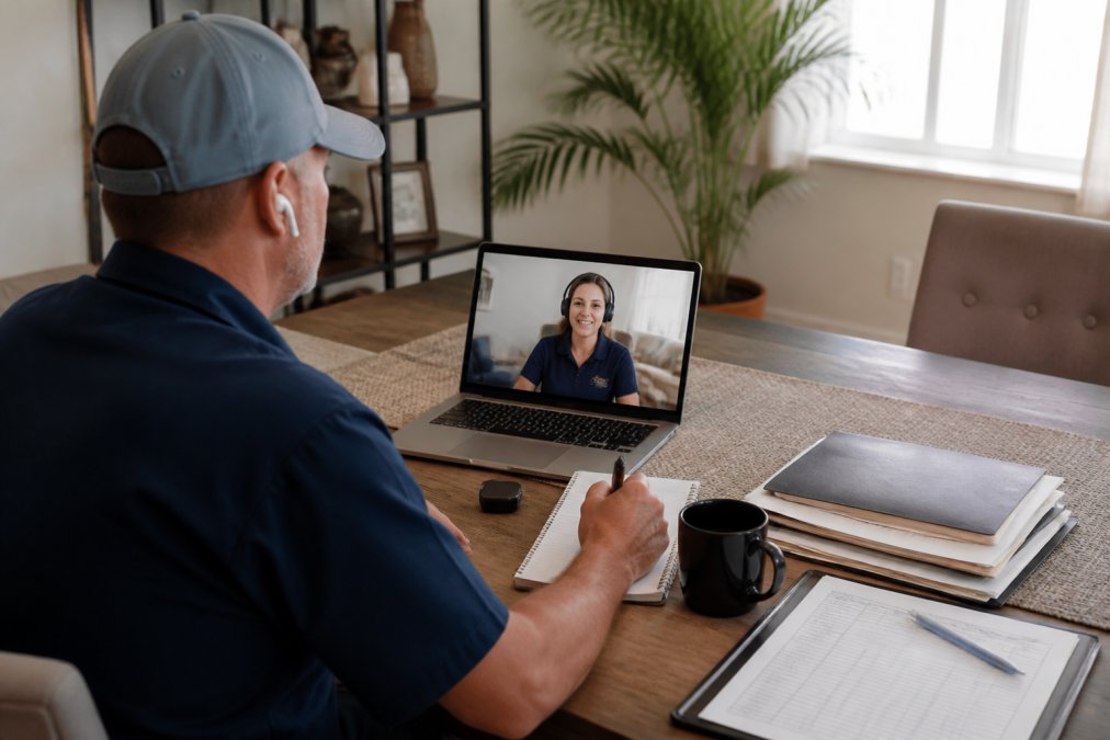 Business owner in home service uniform reviewing performance data and growth metrics with remote team member visible on laptop screen in background, collaborative workspace setting