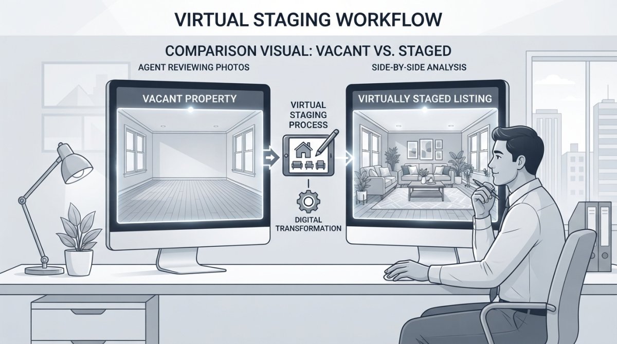 Professional real estate agent reviewing vacant property photos on a computer monitor in an office, comparing before and after staging images side by side