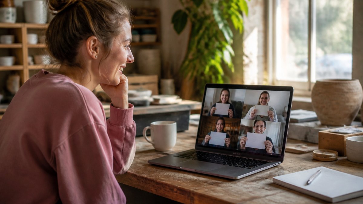 Diverse remote colleagues smiling while holding name cards during a virtual team building icebreaker call