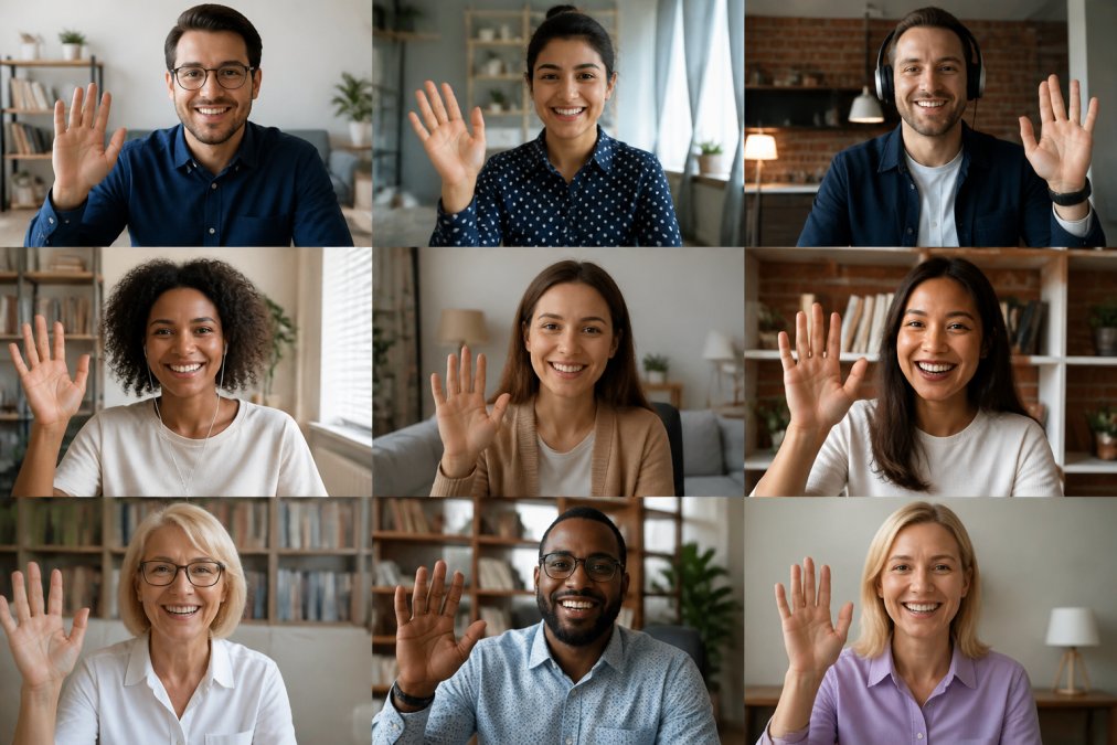 Diverse colleagues smiling and waving during a virtual team building video call from their home offices.