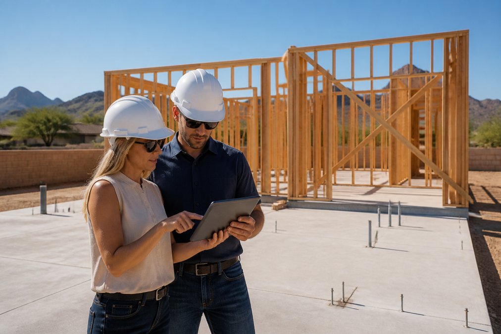 A couple wearing hard hats reviews a tablet displaying a 3D home tour while standing on a concrete foundation with wood framing rising behind them under bright desert sunlight