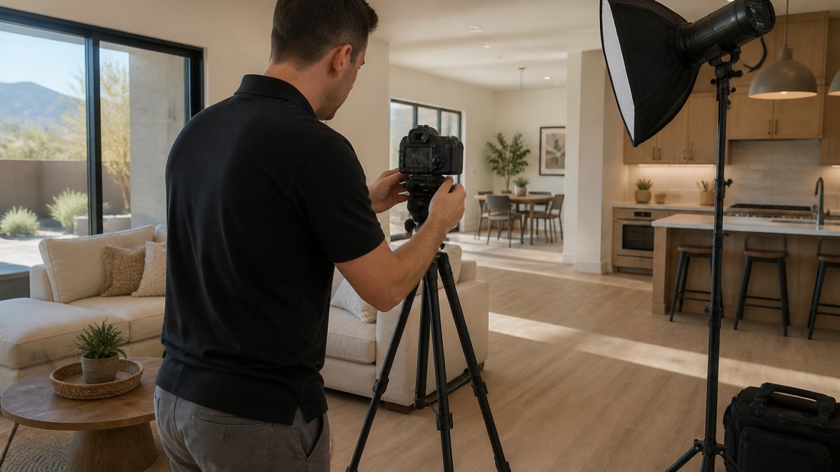 Real estate agent setting up camera equipment for virtual tours out-of-state buyers in a bright home interior