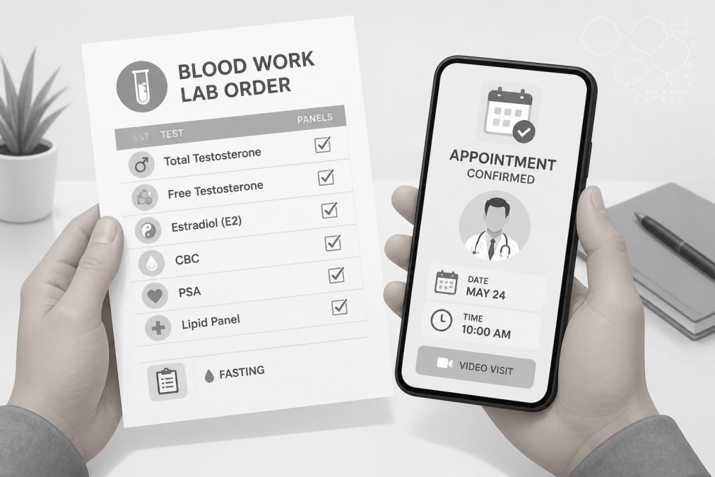 Close-up of hands holding a blood work lab order form next to a smartphone showing a telemedicine appointment confirmation