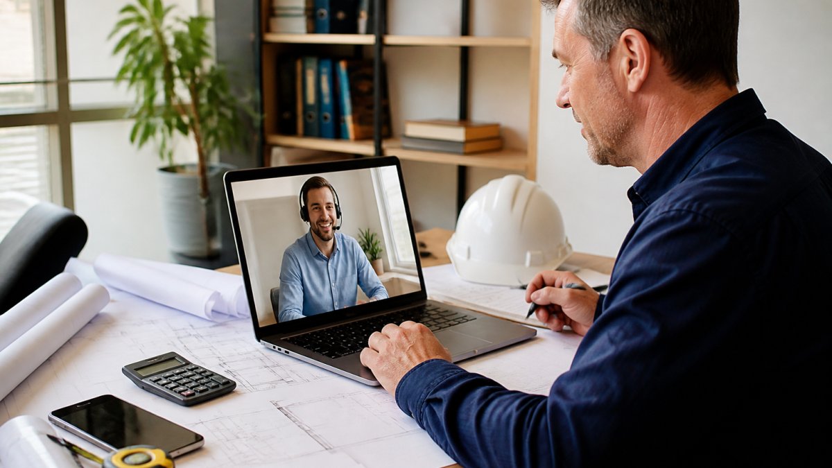 Professional contractor and virtual team member collaborating over video call on laptop with construction blueprints and estimate documents visible on desk, natural office lighting