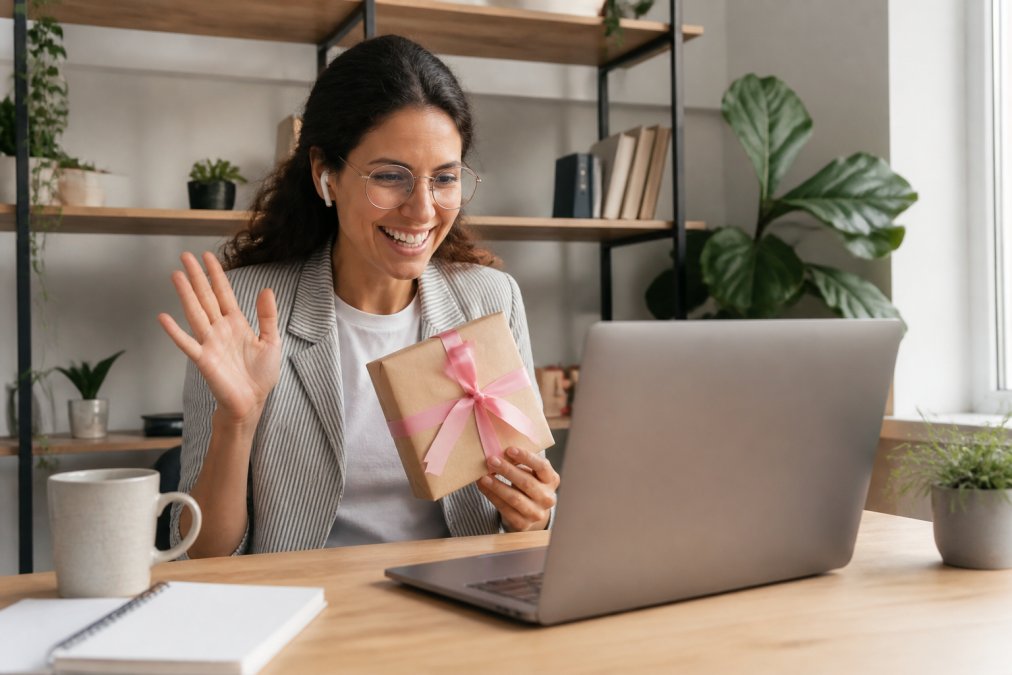 Remote employee smiling during a virtual work anniversary celebration on a video call in a cozy home office