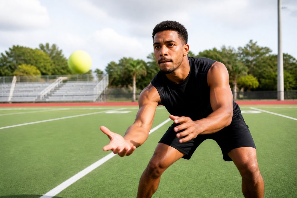 Athlete performing dynamic visual tracking drill outdoors, following a moving object with intense focus and concentration while maintaining athletic stance