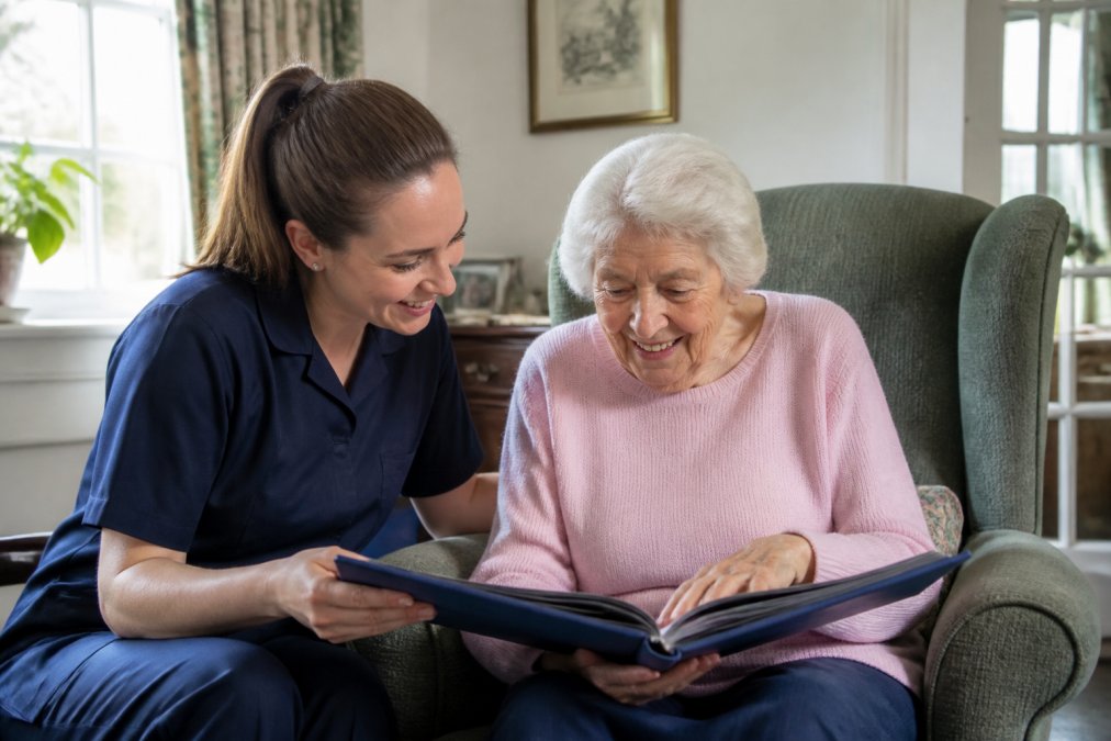 A professional carer in a bright, tidy living room sitting beside an older woman in an armchair, both smiling and looking at a photo album together, natural light from a window, warm and supportive atmosphere