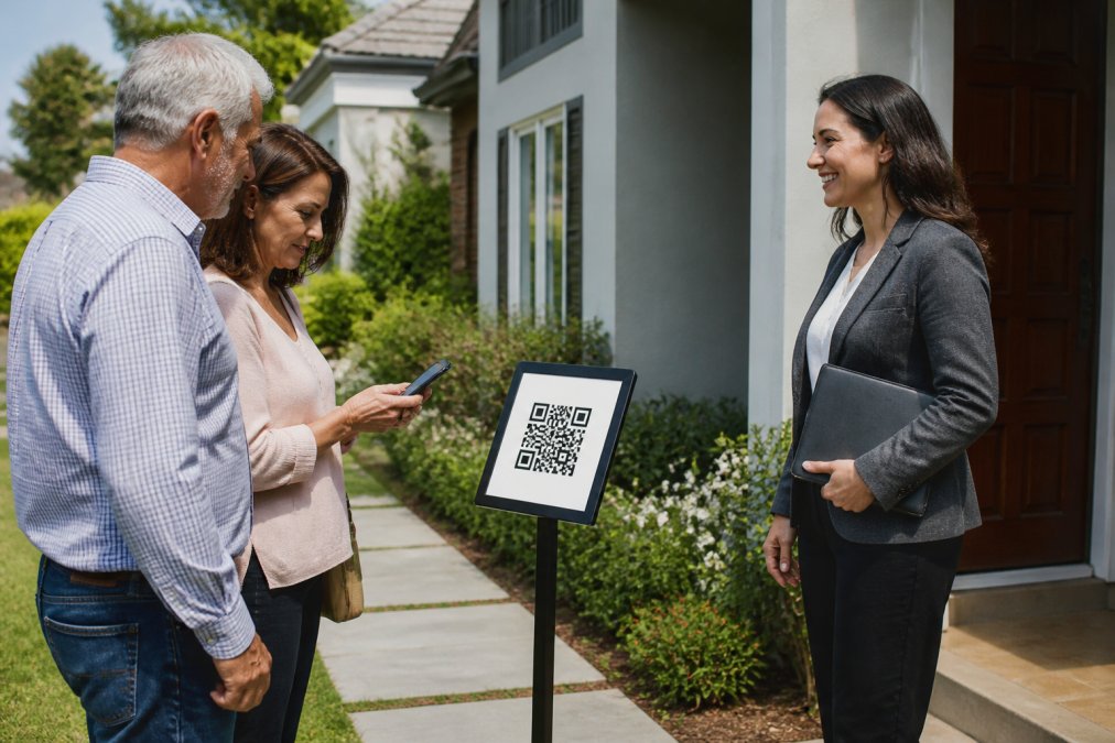 A real estate agent in professional attire warmly greeting an older couple at the front door of a bright, modern home, holding a tablet and speaking with them