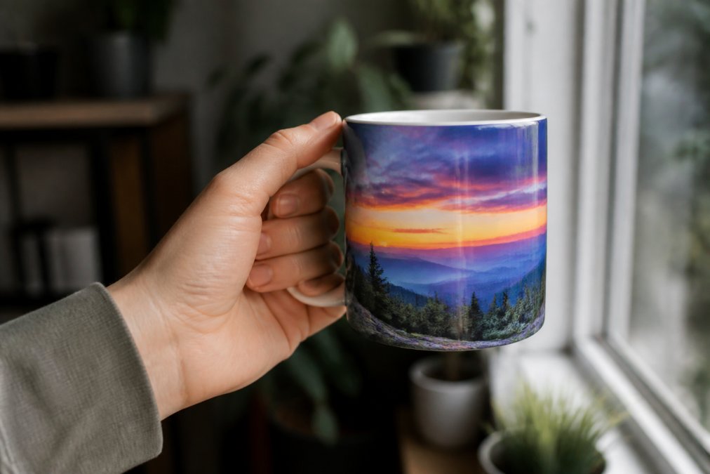 Close-up of a hand holding a glossy white ceramic mug with a vibrant full-wrap custom print, showing sharp detail and rich color under natural window light
