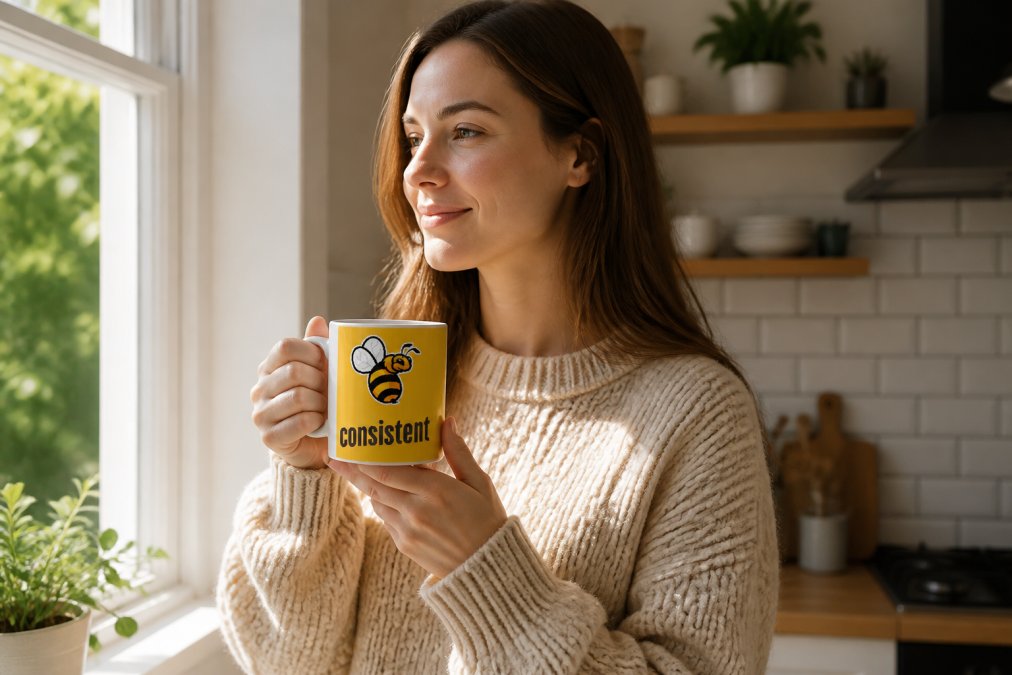 Person holding a custom ceramic mug with vibrant printed design, enjoying morning coffee in natural sunlight near a kitchen window