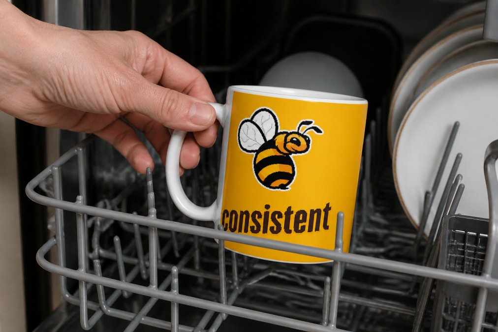 Custom ceramic mug with vibrant printed design being placed into a dishwasher rack, showing the mug's glossy finish and durable construction