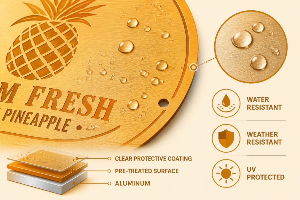 Close-up of brushed aluminum sign surface showing texture and professional finish with water droplets beading on the treated surface, demonstrating weather-resistant coating