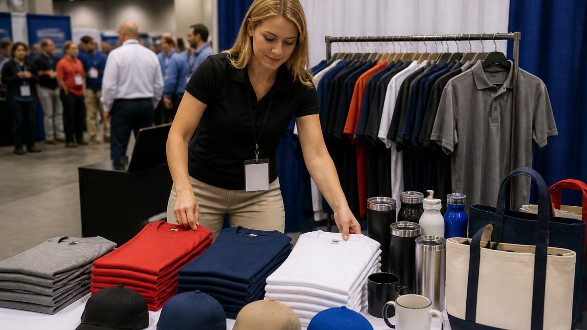 A small business owner arranging branded t-shirts, caps, and tote bags on a table at a trade show booth, with a banner in the background