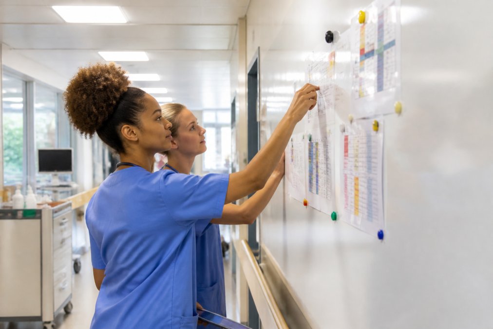 Hospital corridor with healthcare staff using magnetic wallcovering to display patient schedules and clinical notes, showing ease of use and organisation in a busy healthcare environment with soft natural lighting