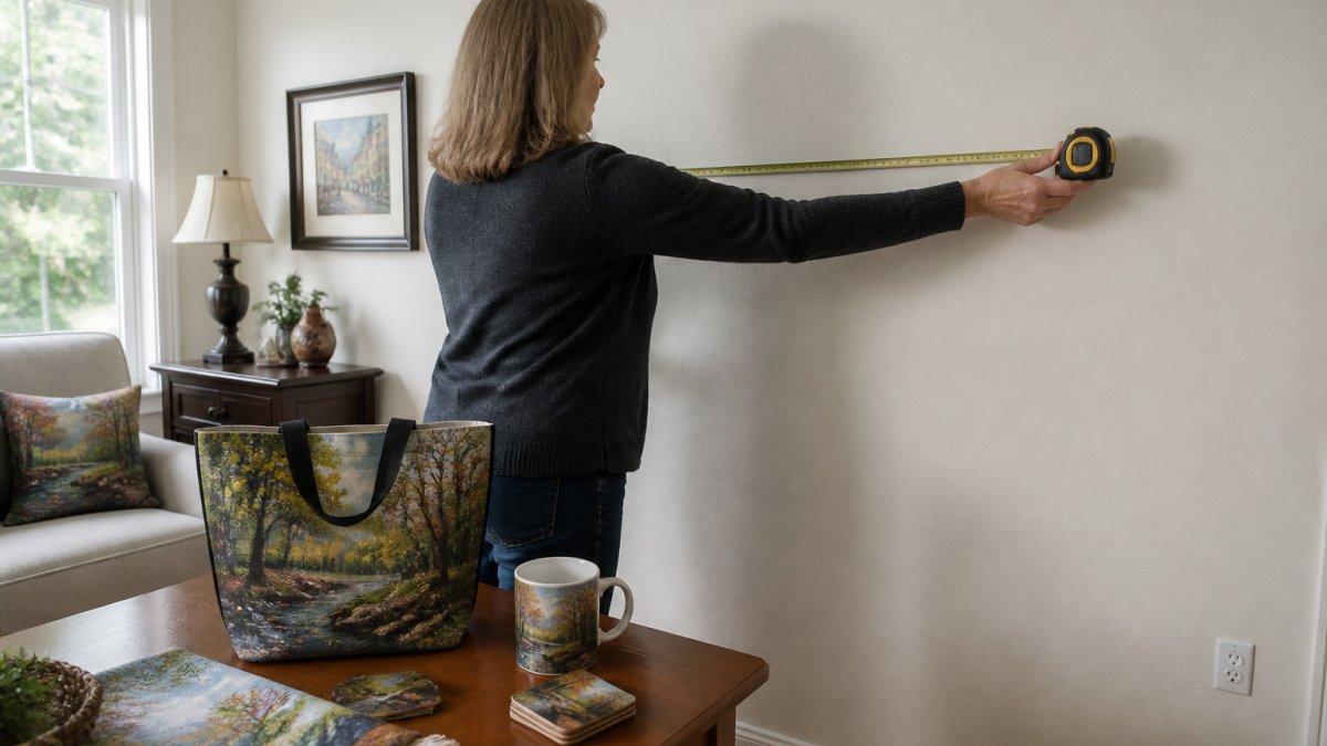 Person using a metal measuring tape on a blank wall to help you visualize art in your home with natural light.