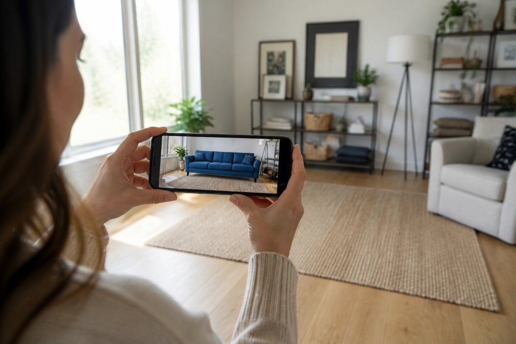 Person holding a smartphone in a bright living room, viewing an augmented reality visualization of a blue sofa overlaid on the actual floor space, with natural window light illuminating the scene