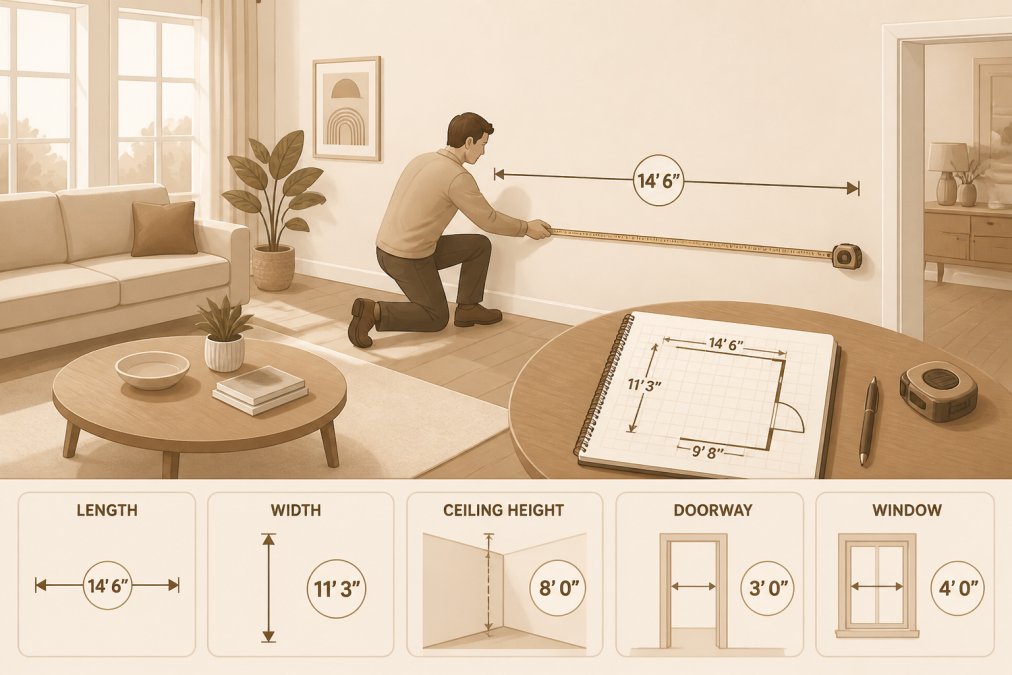 Person using a measuring tape along a living room wall with careful attention to detail, notebook and floor plan sketch visible on a nearby table, natural daylight from windows illuminating the space