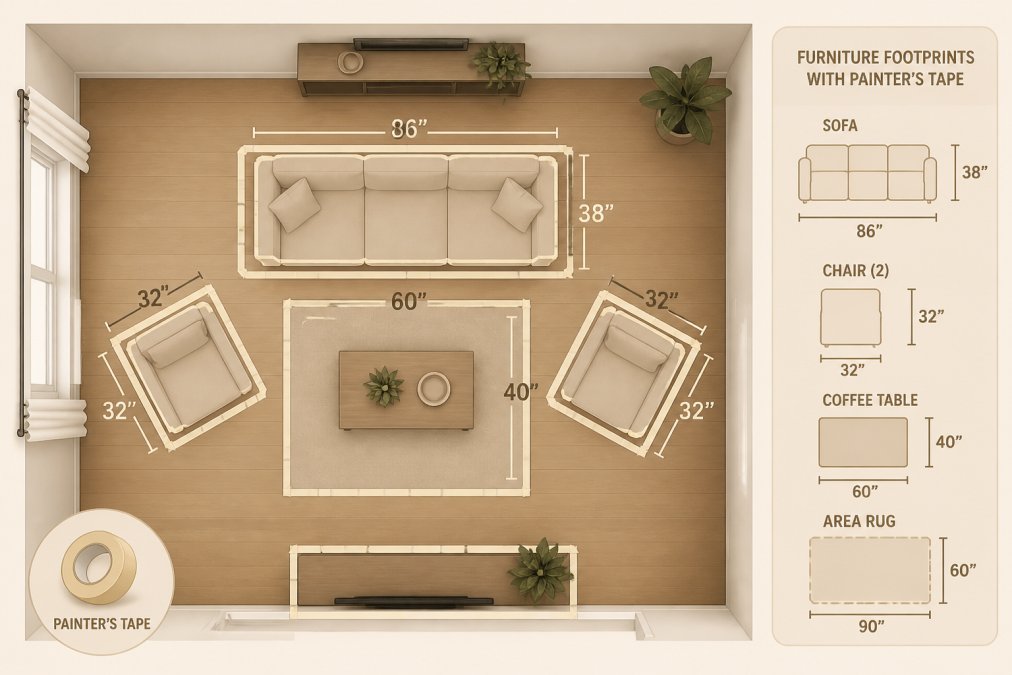 Living room floor with painter's tape outlining furniture footprints including a sofa and chair layout on hardwood flooring, showing multiple pieces arranged in a conversational area with clear spatial relationships