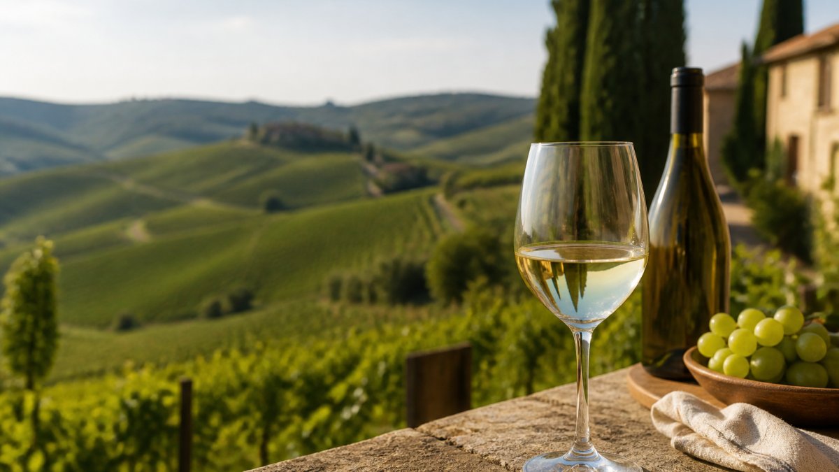 Ett vinglas med ljust vitt vin på en solbelyst terrass med utsikt över italienska kullar och vinodlingar, en flaska i mjukt fokus i bakgrunden