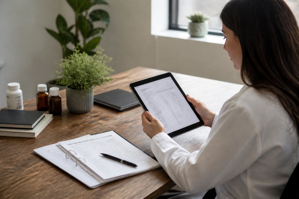 Professional reviewing wellness assessment notes and lab results on tablet in organized, calm workspace with natural light