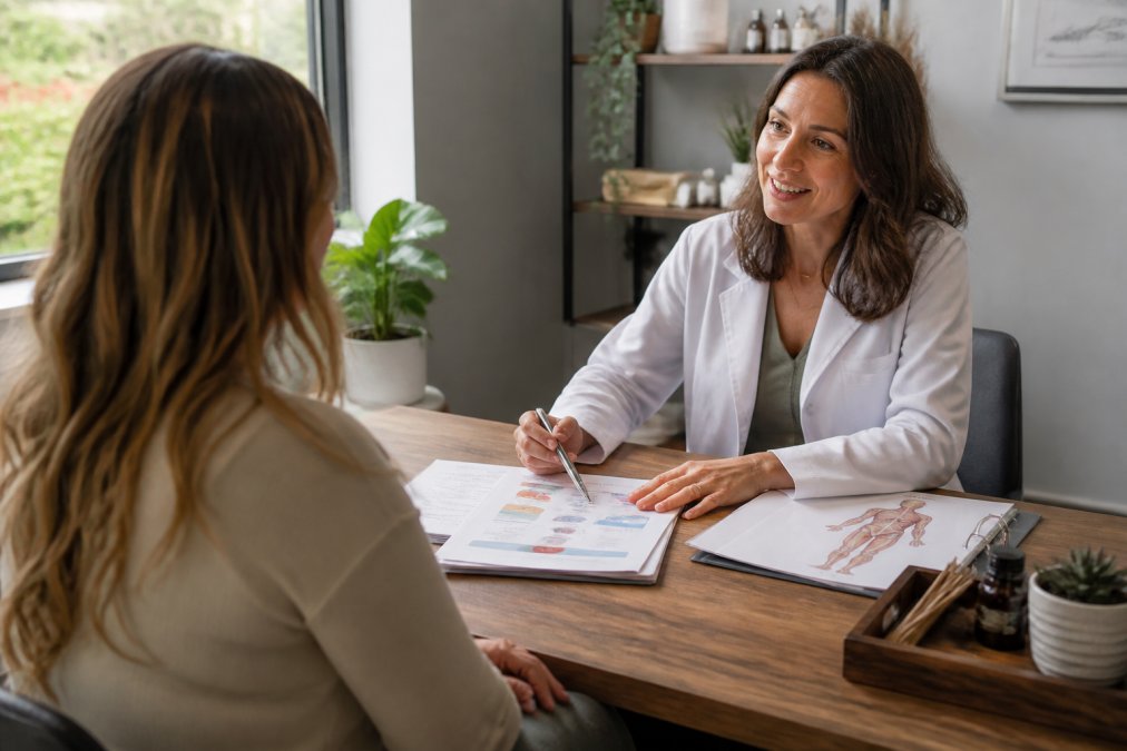Healthcare provider in consultation room with patient seated comfortably, discussing personalized treatment plan with medical charts and wellness materials visible on desk between them, natural window lighting