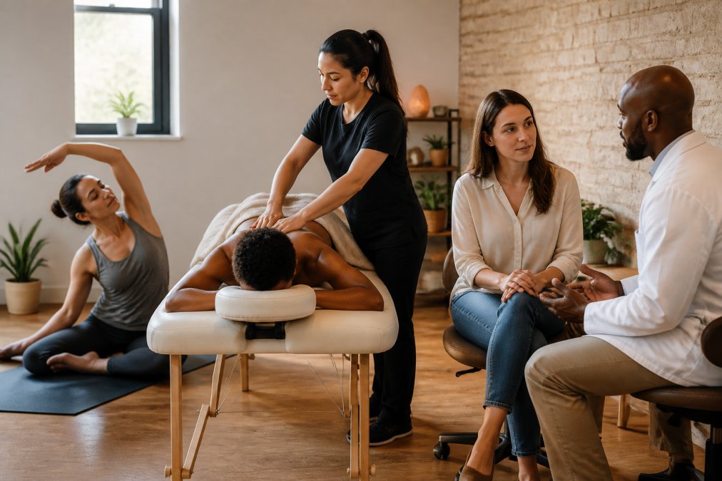 Diverse group in wellness setting, one person receiving massage therapy on treatment table, another in yoga stretch position, another in consultation with provider, representing integrated holistic care with warm clinical lighting