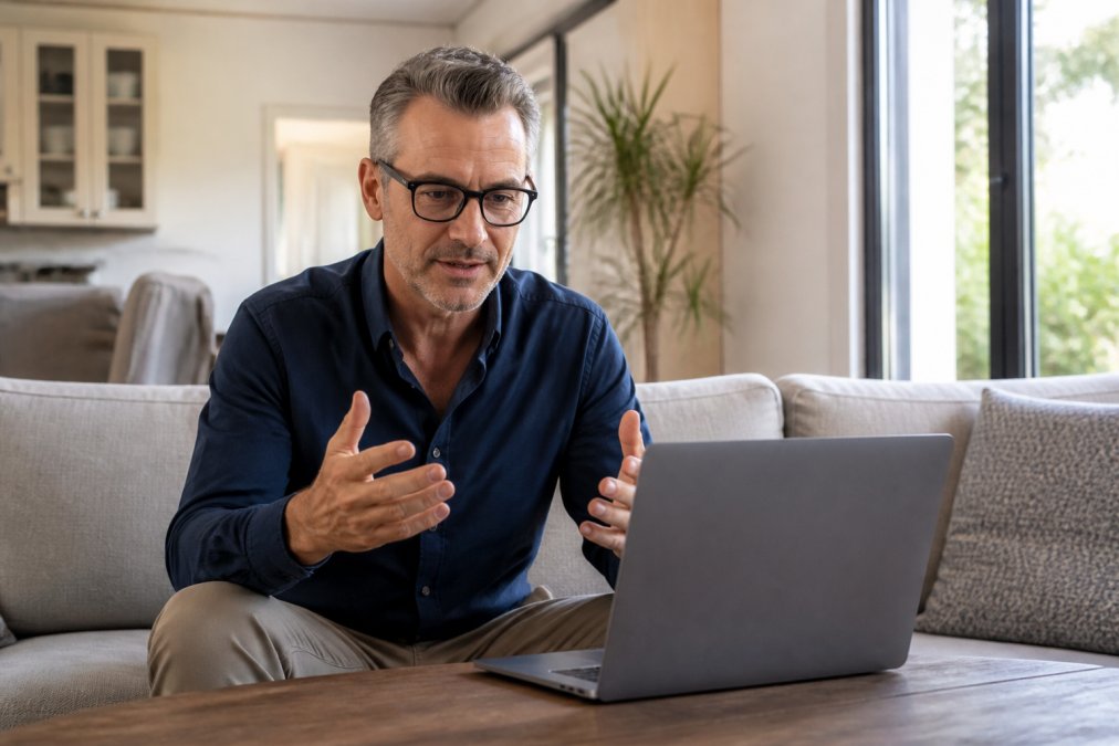 A man in his late 40s wearing business casual attire sits on a couch at home, talking on a laptop video call with a focused and engaged expression, natural window light illuminating the scene