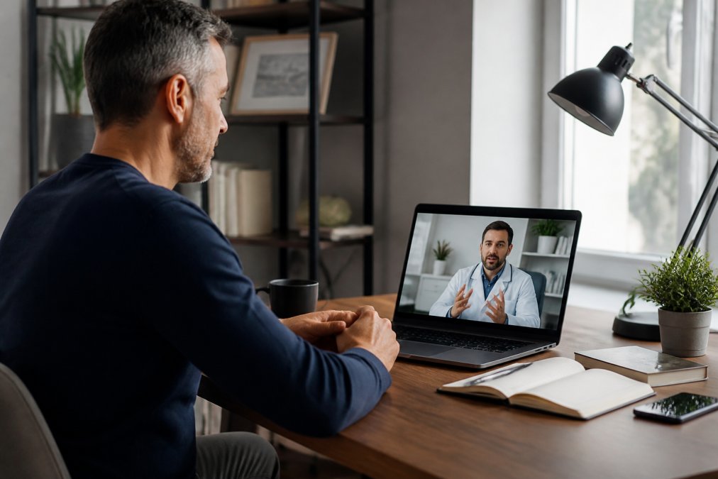 Middle-aged man in a video consultation with a licensed California physician on a laptop, sitting in a comfortable home office environment with natural window lighting and professional background