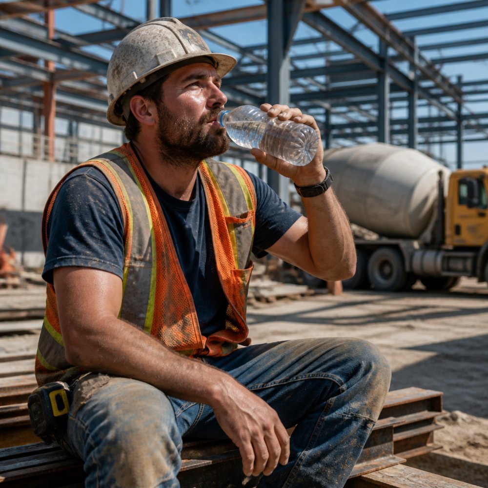 A construction worker in a hard hat and safety vest on a job site, holding a water bottle and taking a short break, with a cement mixer and steel beams in the background under bright daylight