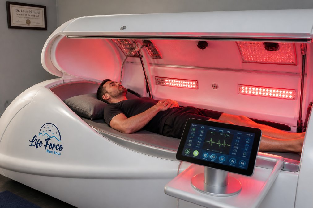 Person lying in a modern wellness pod with integrated technology controls visible on a tablet interface, showing the multi-modal recovery environment with red light panels and monitoring systems active