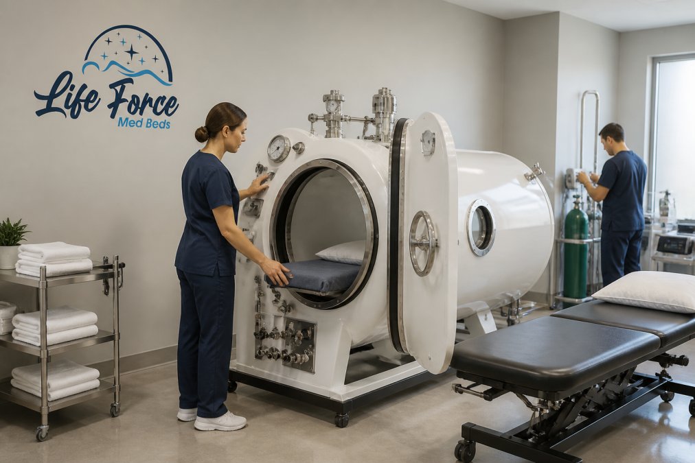 Clinical hyperbaric chamber in a professional medical office setting with medical staff preparing the chamber for patient use, showing the equipment controls and safety features
