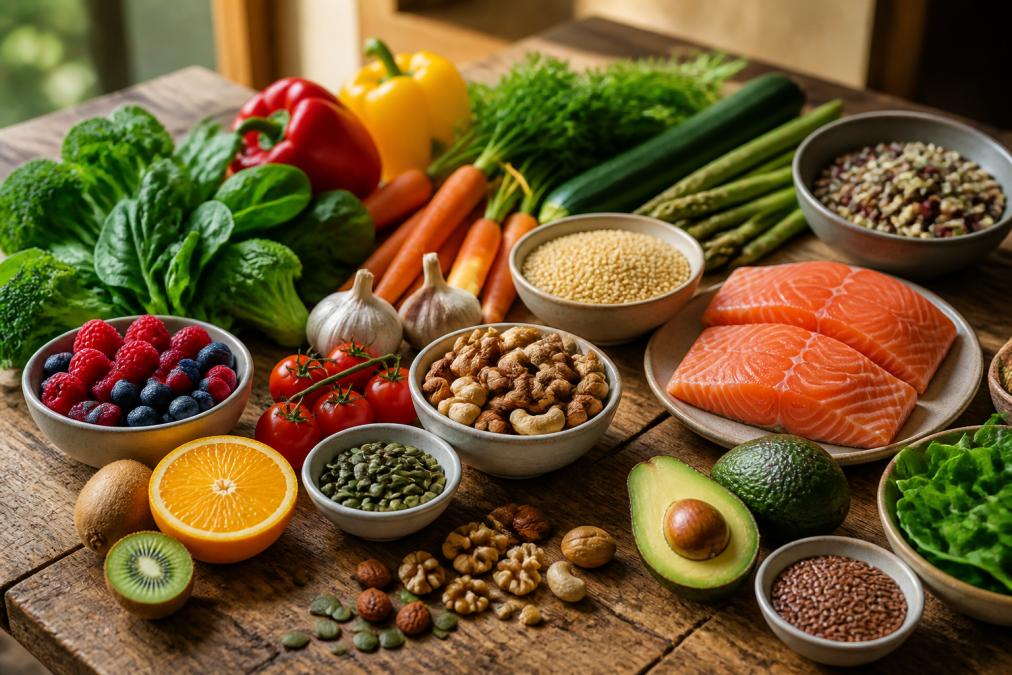 Kleurrijke verse voeding op een houten tafel voor wie vitaliteit optimaliseren met orthomoleculaire therapie nastreeft.