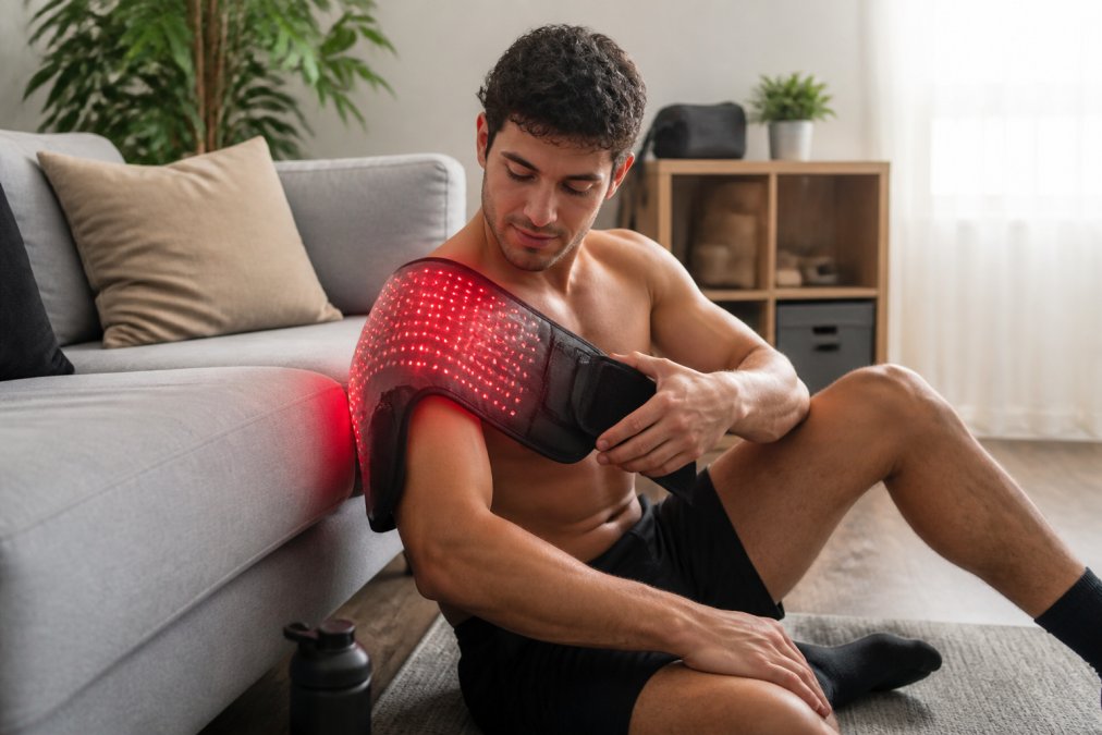 Athlete using a red light therapy pad on their shoulder after a workout, sitting in a home recovery space with natural lighting