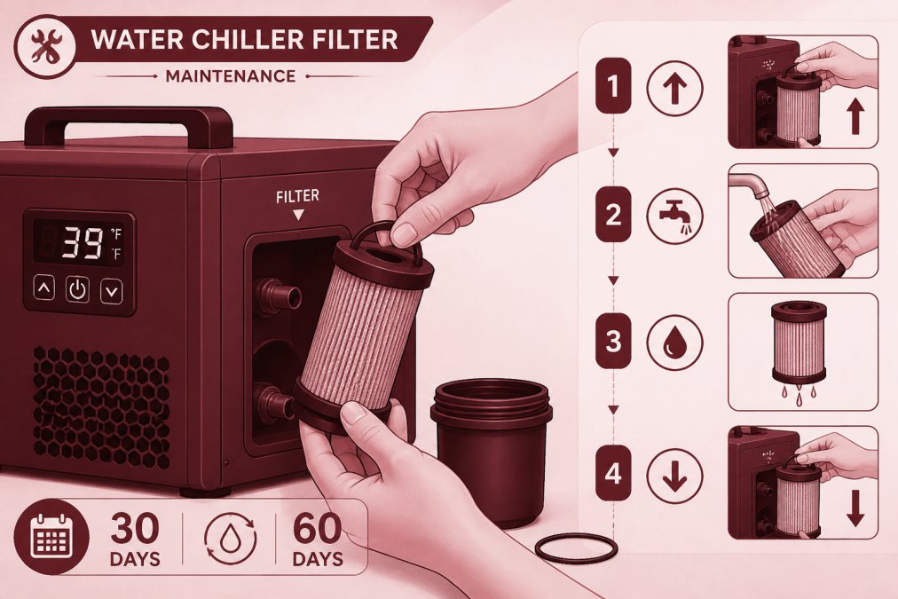 Close-up of hands performing maintenance on a water chiller filter, showing the practical upkeep of recovery equipment