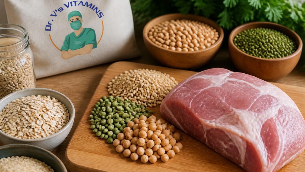 Close-up of fresh whole grains, legumes, and pork on a wooden cutting board with bright natural lighting
