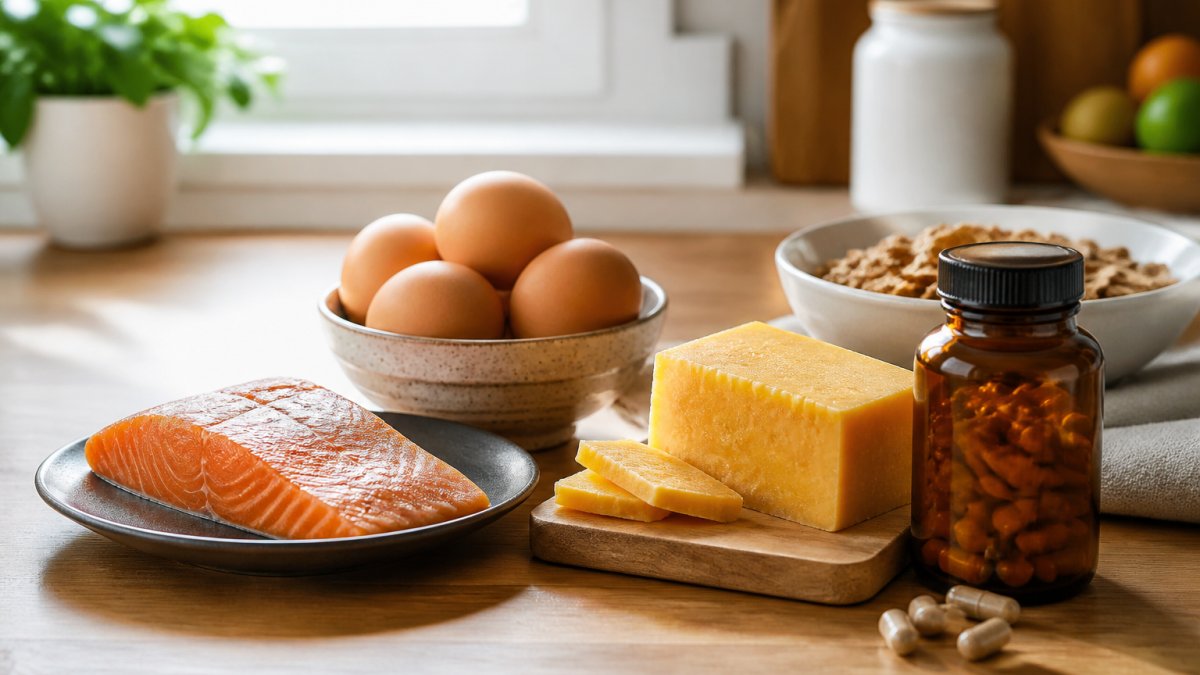 Fresh salmon, eggs, cheese, and vitamin B12 energy supplements on a kitchen counter.