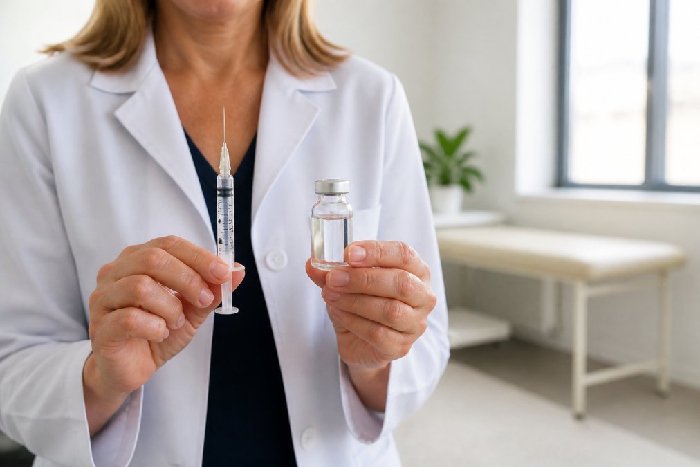 A medical professional in a white coat holding a prefilled B12 syringe next to a glass vial, standing in a clean, bright clinic room with soft natural window light