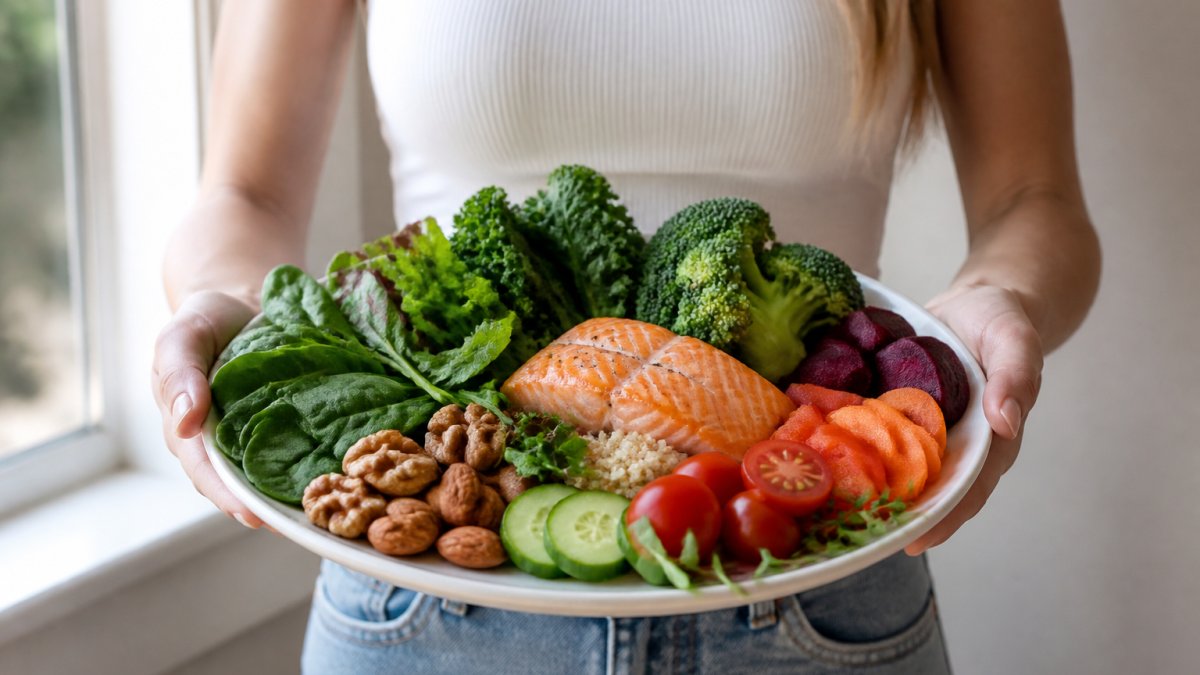 Person holding a plate of nutrient-rich foods including leafy greens, salmon, nuts, and colourful vegetables in natural daylight, emphasising whole foods and dietary sources