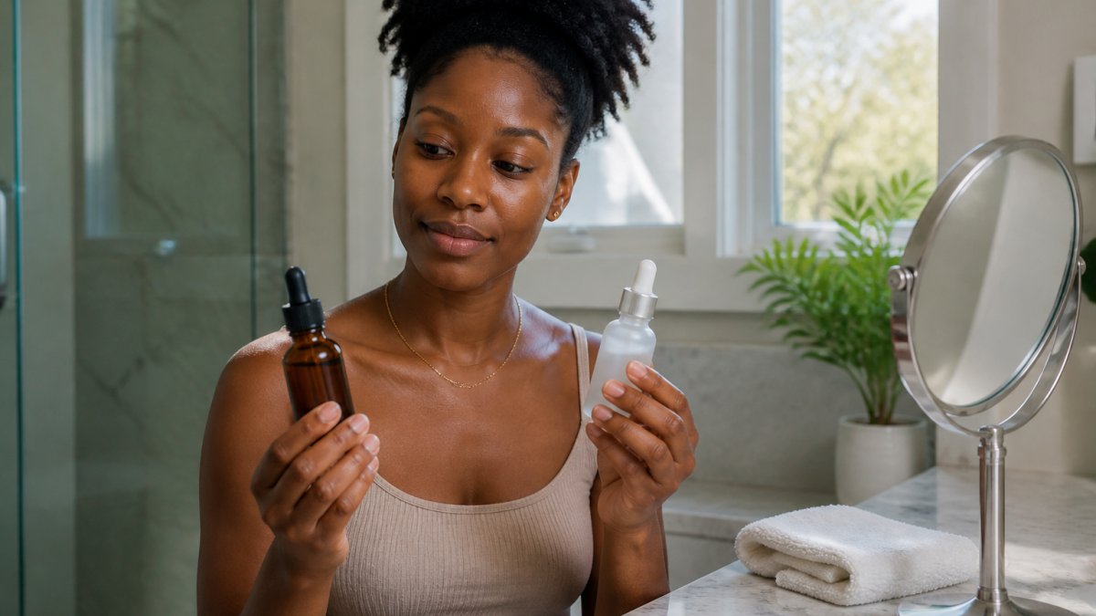 Woman with deep brown skin holding two serum dropper bottles at a bathroom vanity in soft morning light