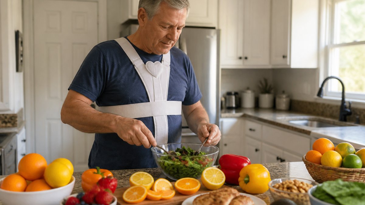 A heart surgery patient at home in a bright kitchen, preparing a colorful meal with citrus fruits, bell peppers, and lean protein on the counter, conveying a gentle focus on recovery nutrition