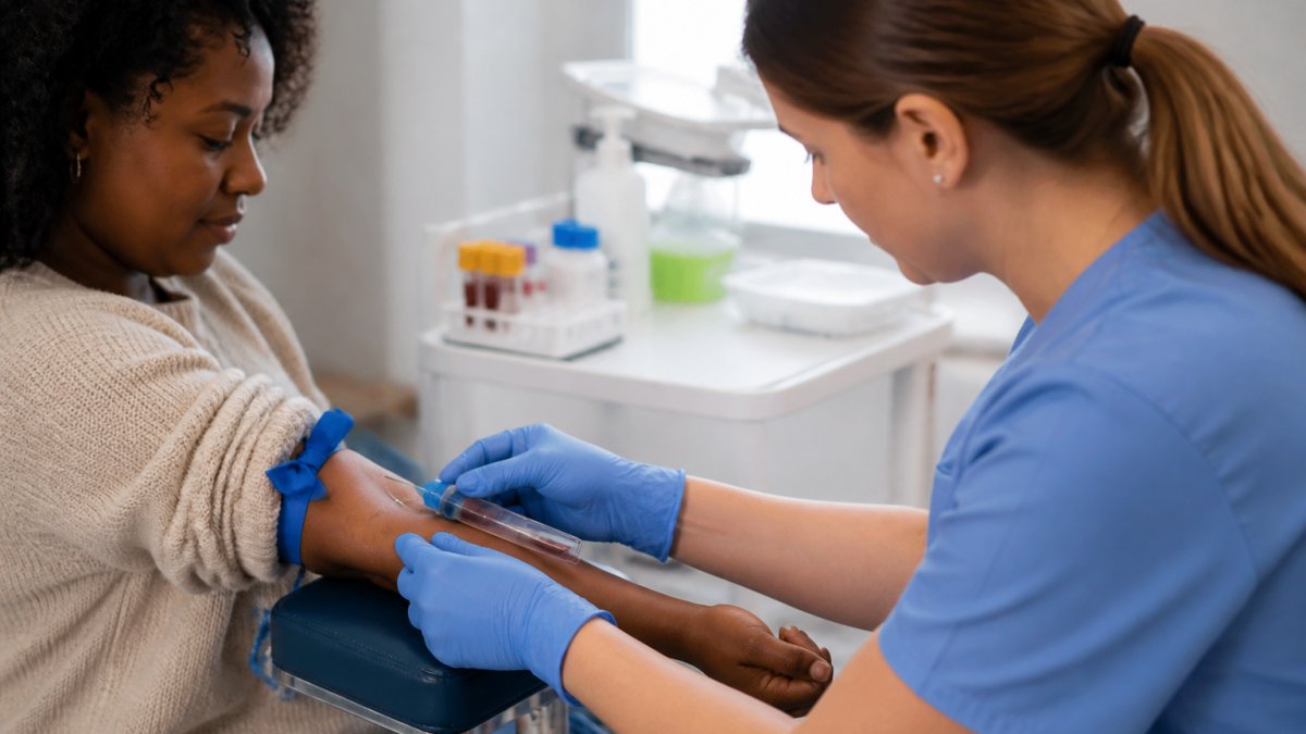 Healthcare provider drawing blood sample from patient's arm in clinical setting, with focus on the needle insertion and patient comfort, professional medical environment with natural lighting