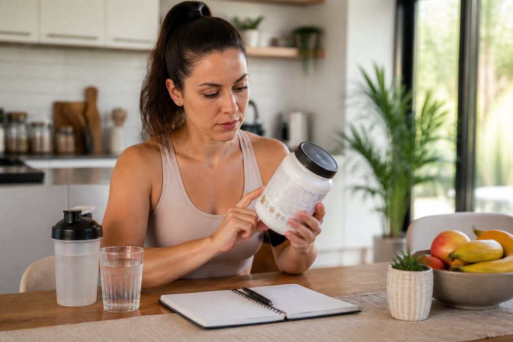 Person carefully reading supplement label and examining third-party certification badges under bright natural lighting in a modern home environment