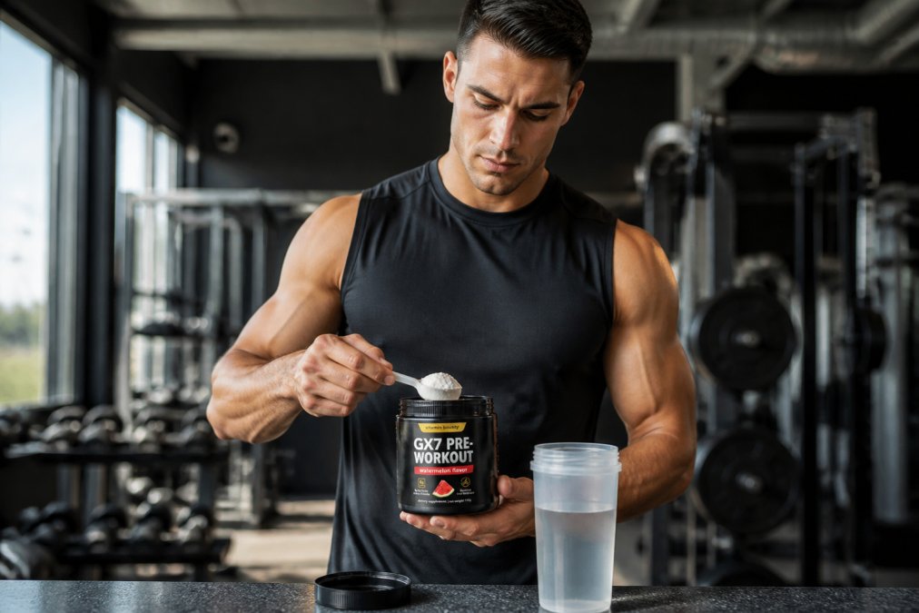 Athletic male in gym holding a pre-workout powder container while preparing to mix a drink before an intense training session, with gym equipment visible in background and natural gym lighting