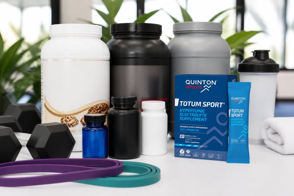 Assortment of protein powder containers and BCAA supplement bottles arranged on a clean white surface with resistance bands and dumbbells nearby, natural studio lighting
