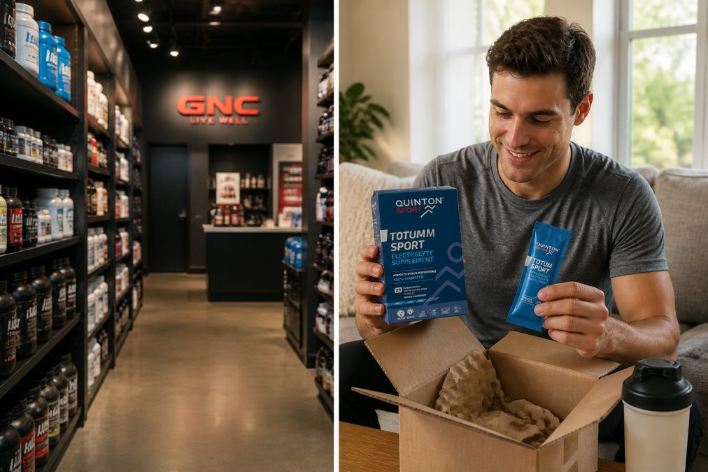 Fitness enthusiast unpacking a supplement delivery box at home, examining protein powder and electrolyte packets with satisfaction, natural home lighting