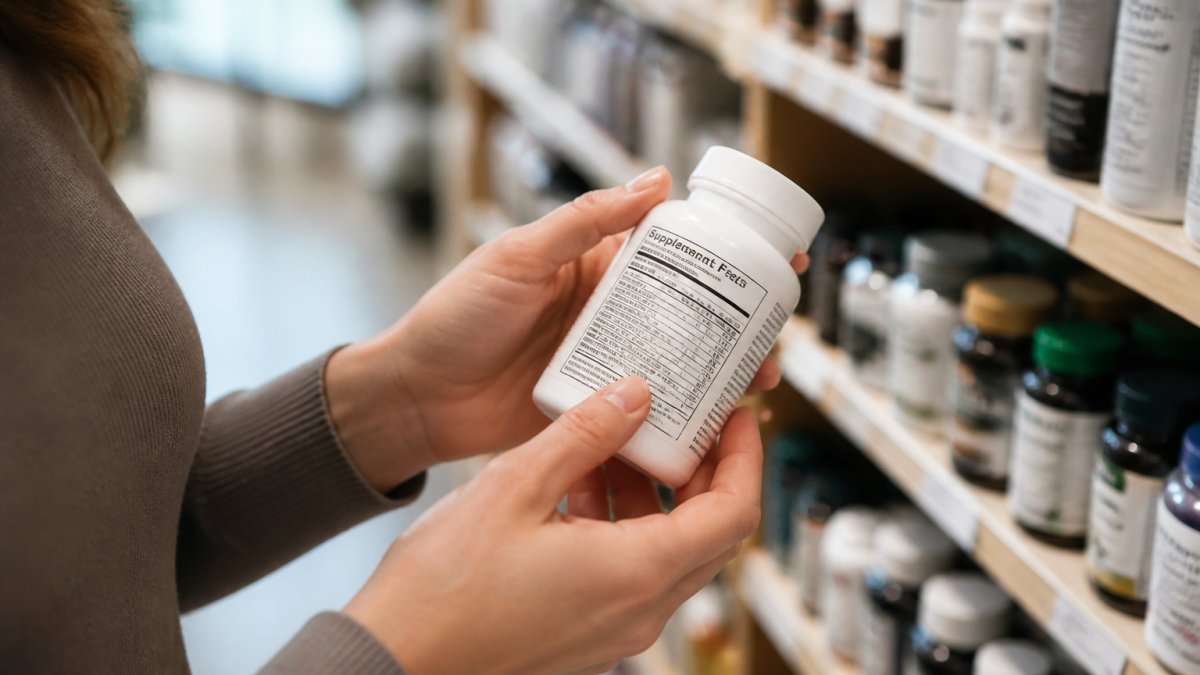 Hands holding a supplement bottle to examine the ingredient label in a retail store under natural light
