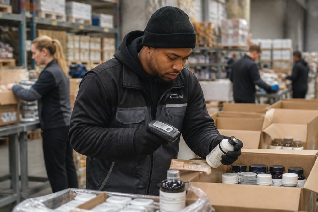 Delivery driver carefully scanning supplement packages at a busy distribution center with tracking monitors visible in the background
