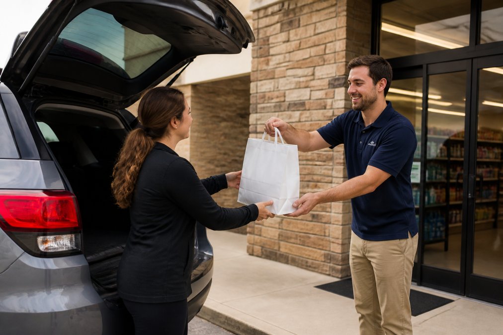 Customer pulling up to a retail store entrance to pick up a supplement order from a team member at the curbside